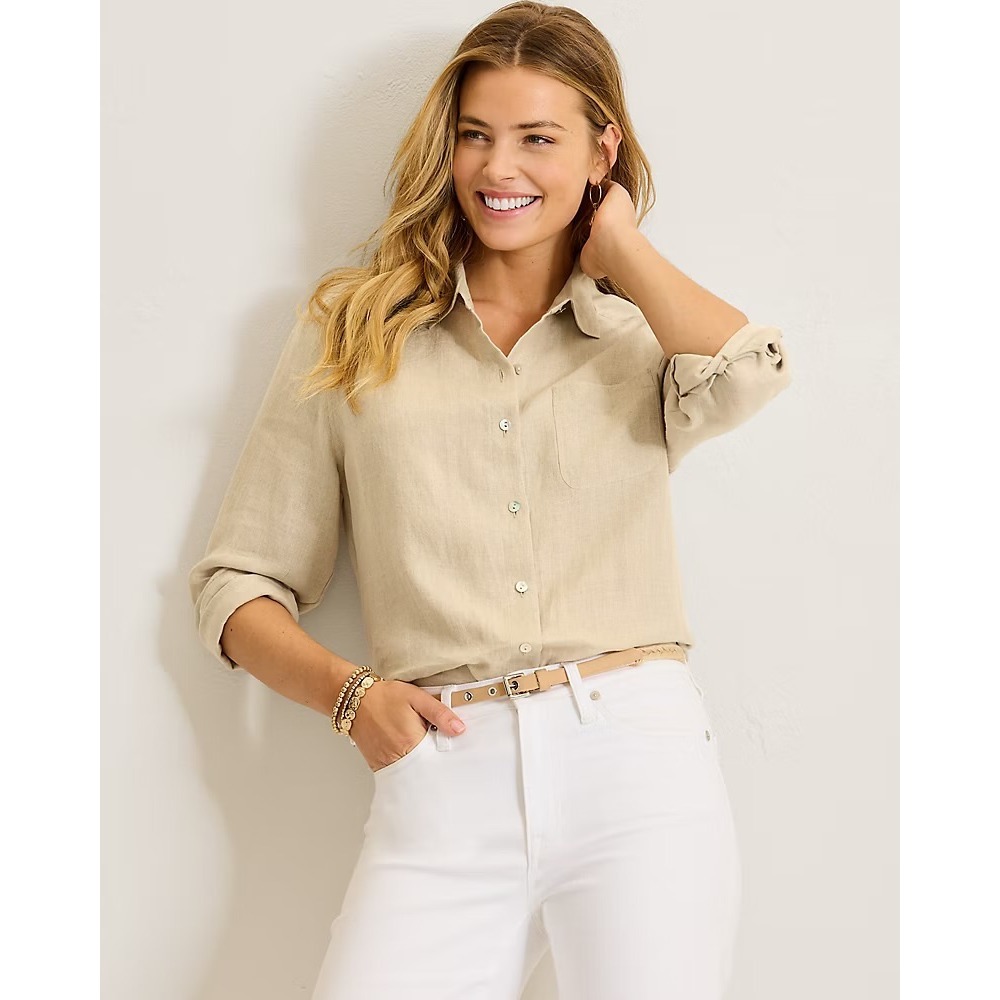 Tommy Bahama Coastalina Linen Relaxed Shirt In Natural Womens Size XL Beach Norm